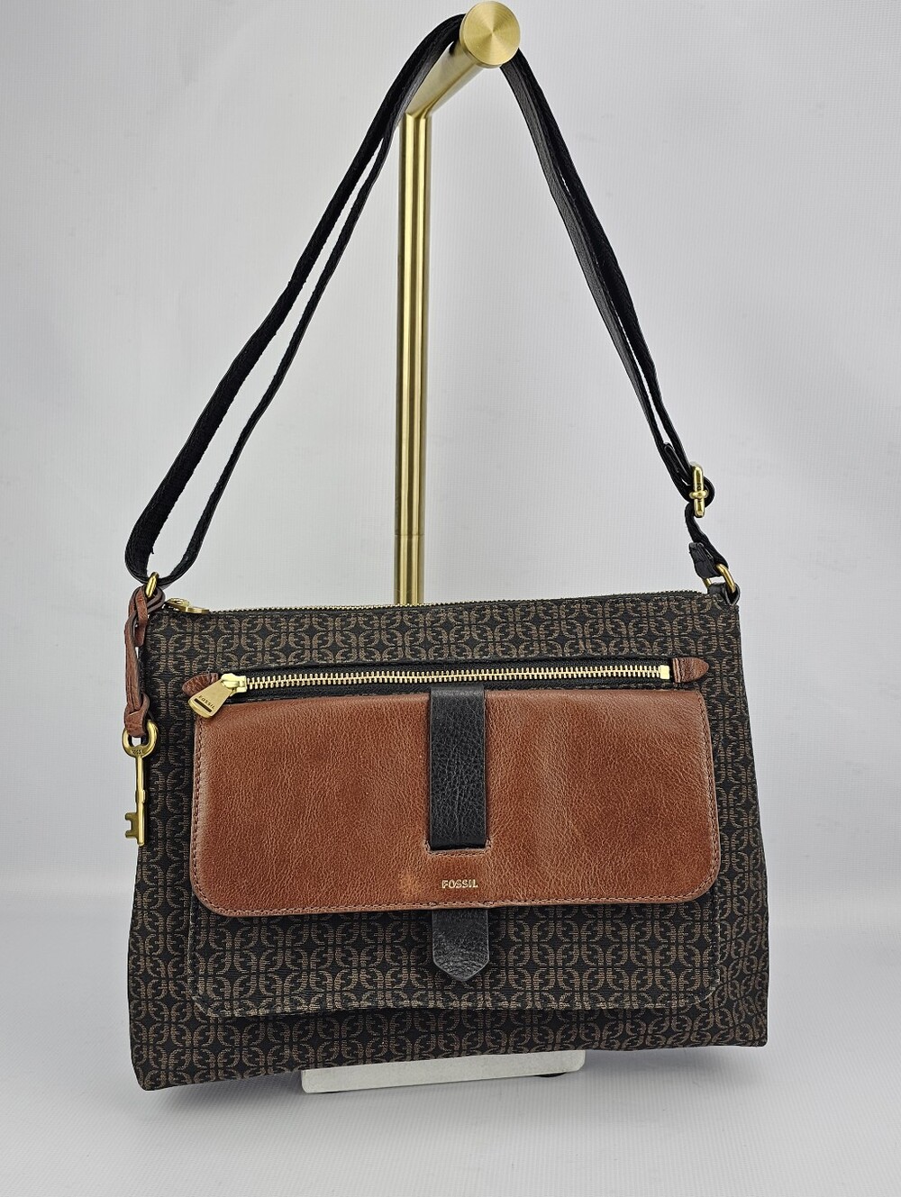 Fossil Kinley Crossbody Bag Monogram Print Fabric Leather Accents Black Brown